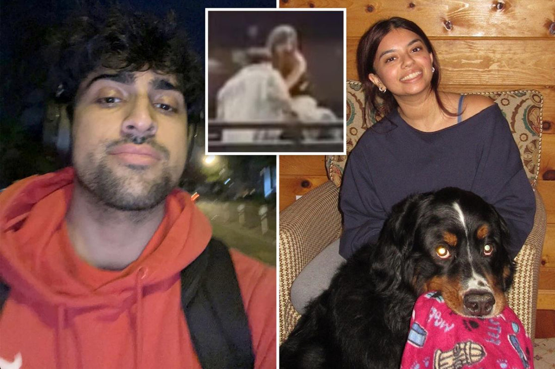 Side-by-side photos of a young man in an orange hoodie and a young woman with a dog