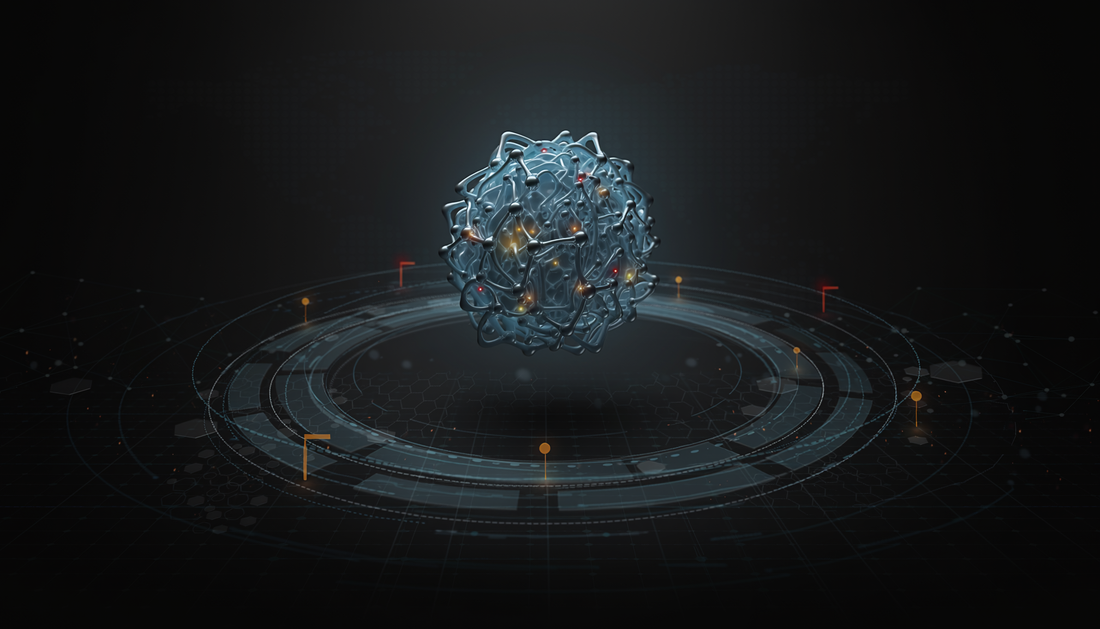 Editorial illustration representing AI threat intelligence, autonomous operations and defensive monitoring