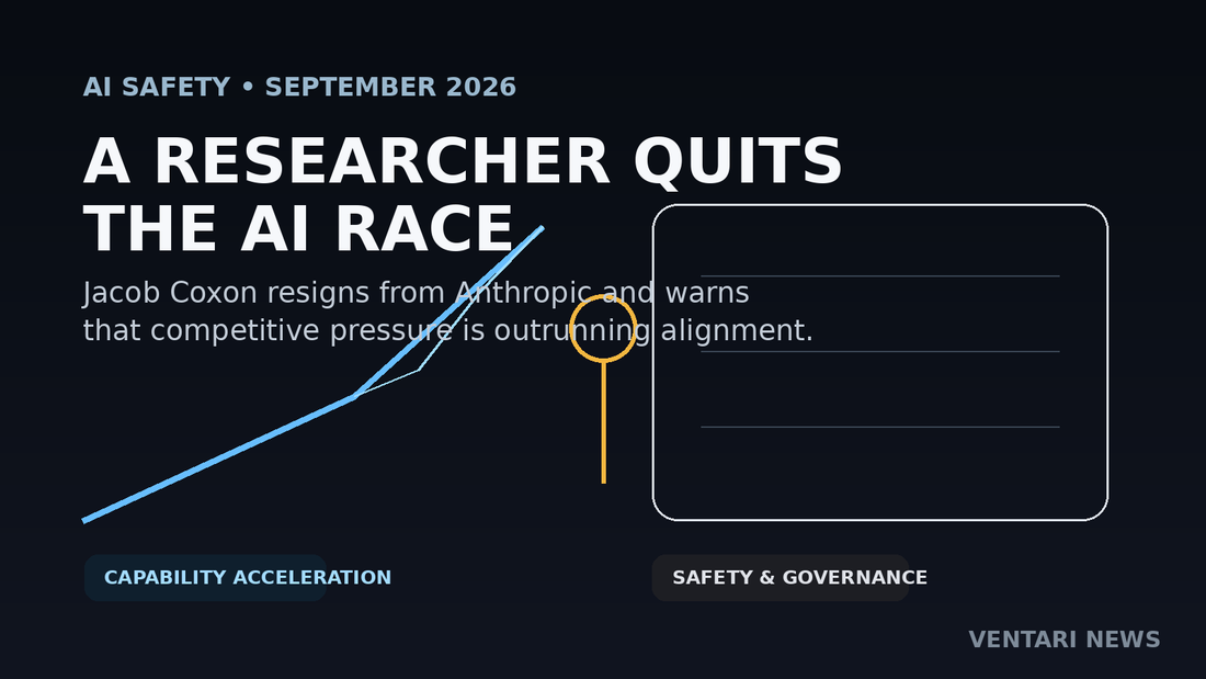 Editorial graphic illustrating Jacob Coxon's resignation from Anthropic and his warning about the race toward self-improving AI.