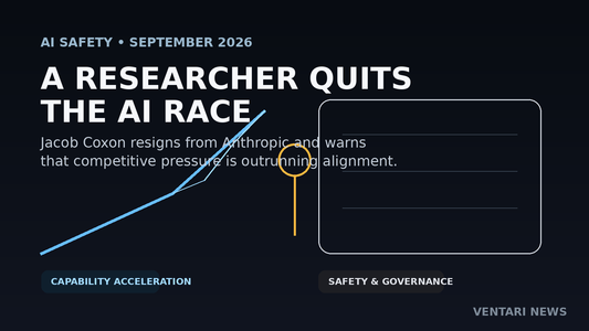 Editorial graphic illustrating Jacob Coxon's resignation from Anthropic and his warning about the race toward self-improving AI.