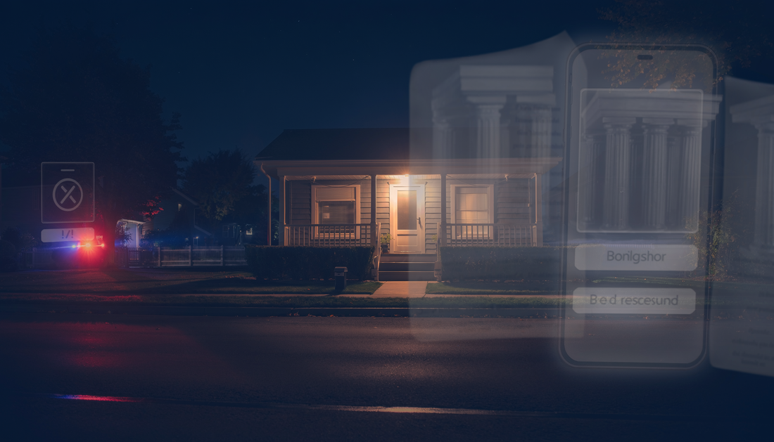 Editorial illustration of a short-term rental house at night with legal and reservation-screening motifs for the Malik Saeed Airbnb lawsuit