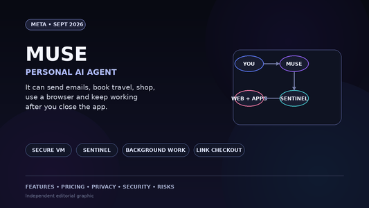 Meta Muse personal AI agent editorial graphic highlighting Secure VM, Sentinel, background work and Link checkout.